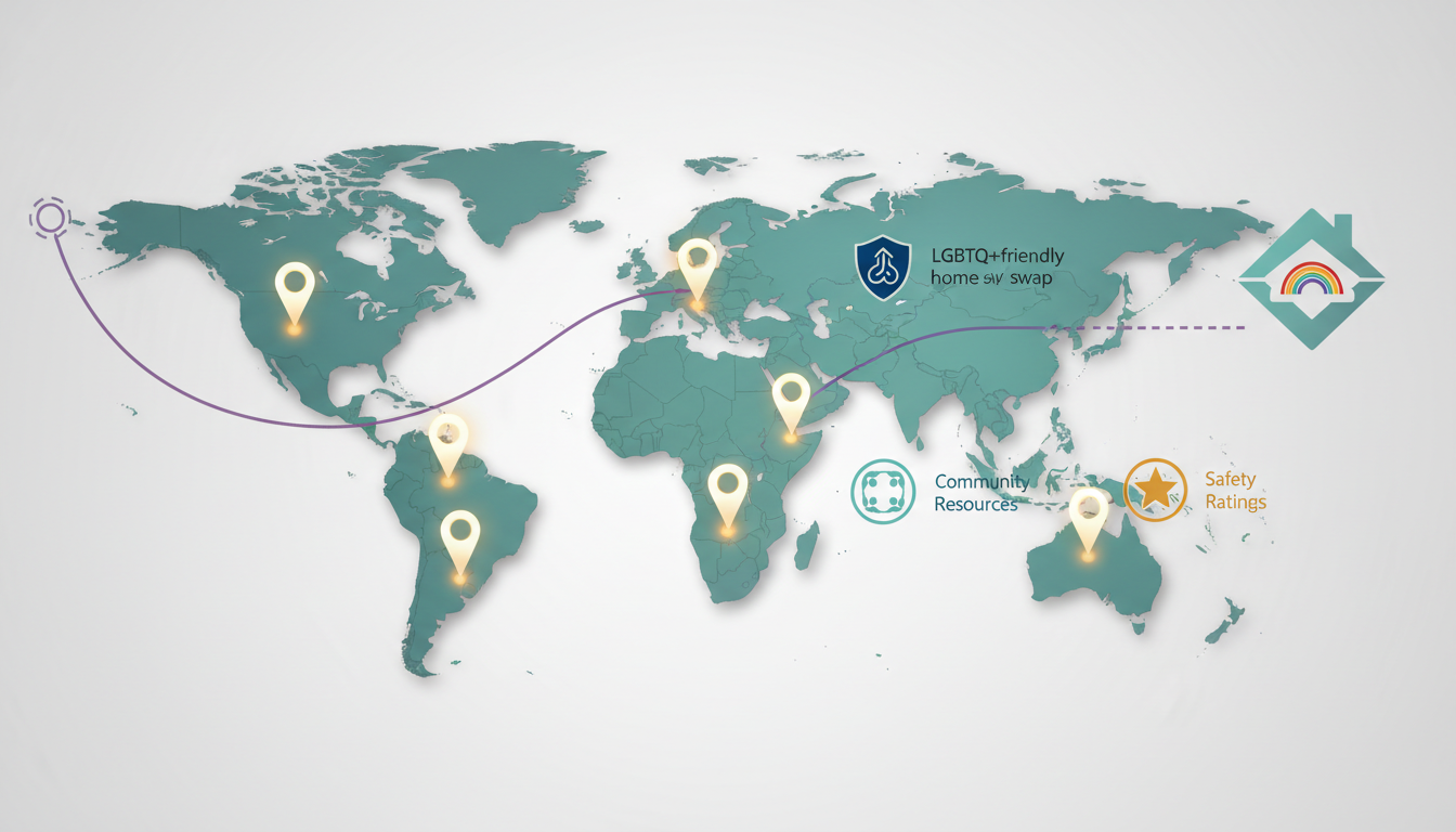 Infographic showing a world map with pins in LGBTQ-friendly home swap destinations, with small icons