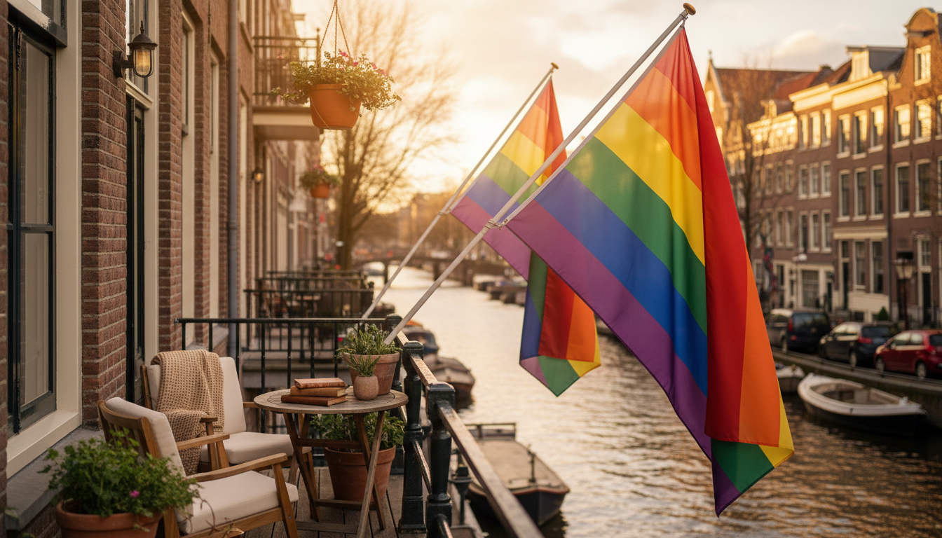Two rainbow flags hanging from a charming apartment balcony in Amsterdams Jordaan neighborhood, with