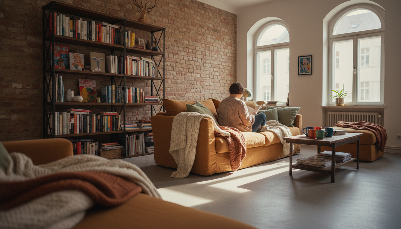 A cozy living room in Berlins Schneberg district with exposed brick, vintage furniture, and a booksh
