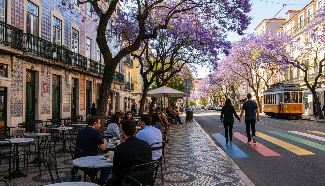 Colorful tiled buildings in Lisbons Prncipe Real neighborhood with a rainbow crosswalk visible, loca