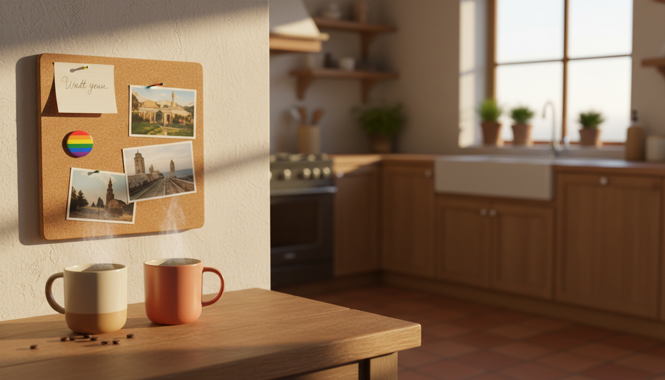 A warm kitchen scene with two coffee mugs, a handwritten welcome note, and a small pride flag pin on