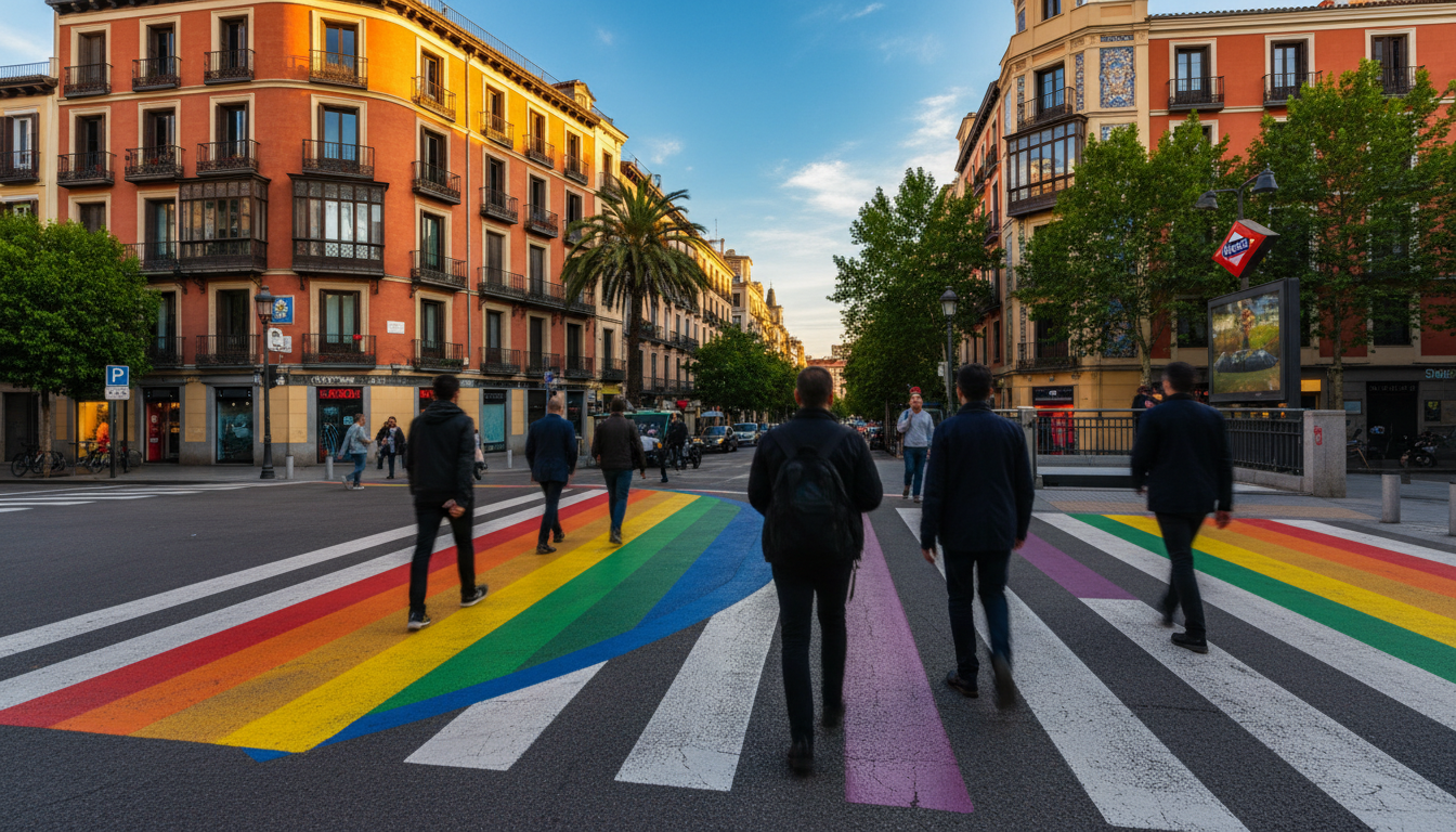 Rainbow crosswalk at Chueca metro station with pedestrians crossing, evening golden hour light, hist