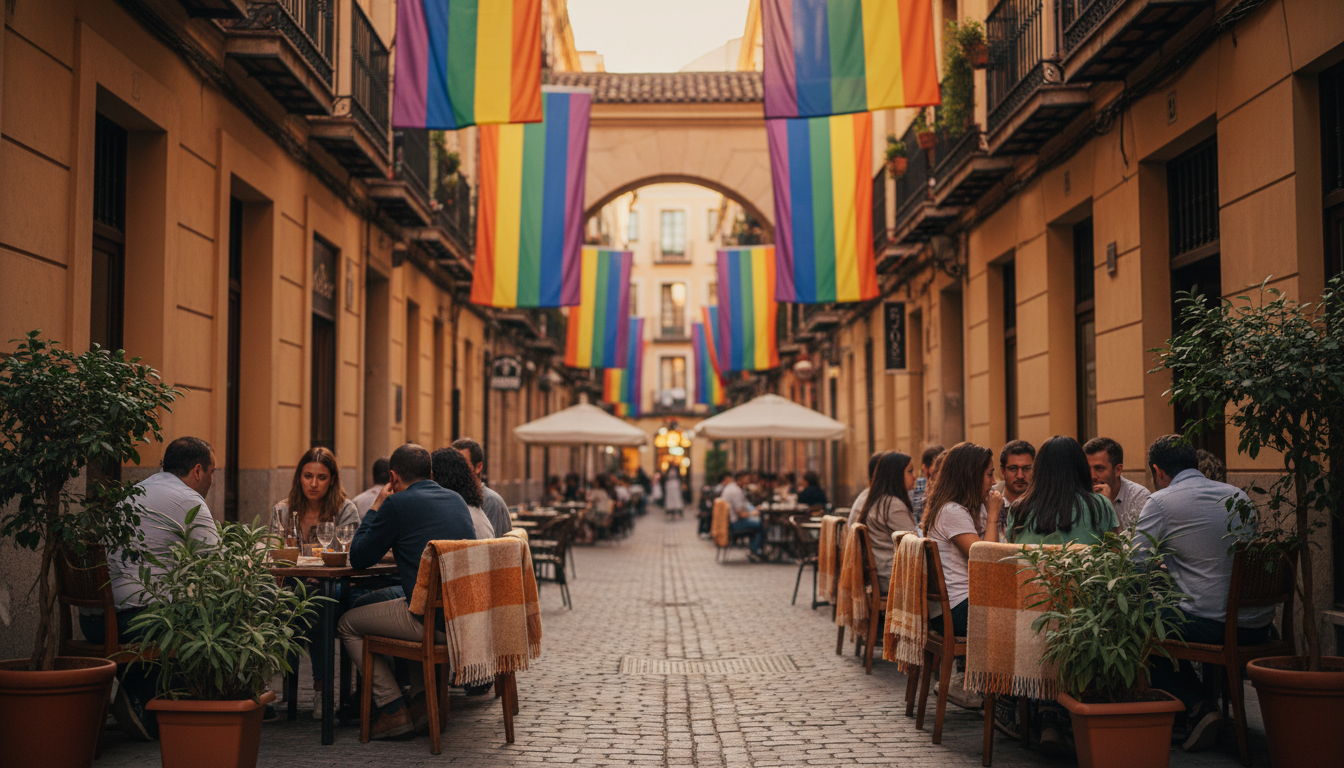 Narrow cobblestone street in Chueca with rainbow flags hanging between balconies, locals at outdoor