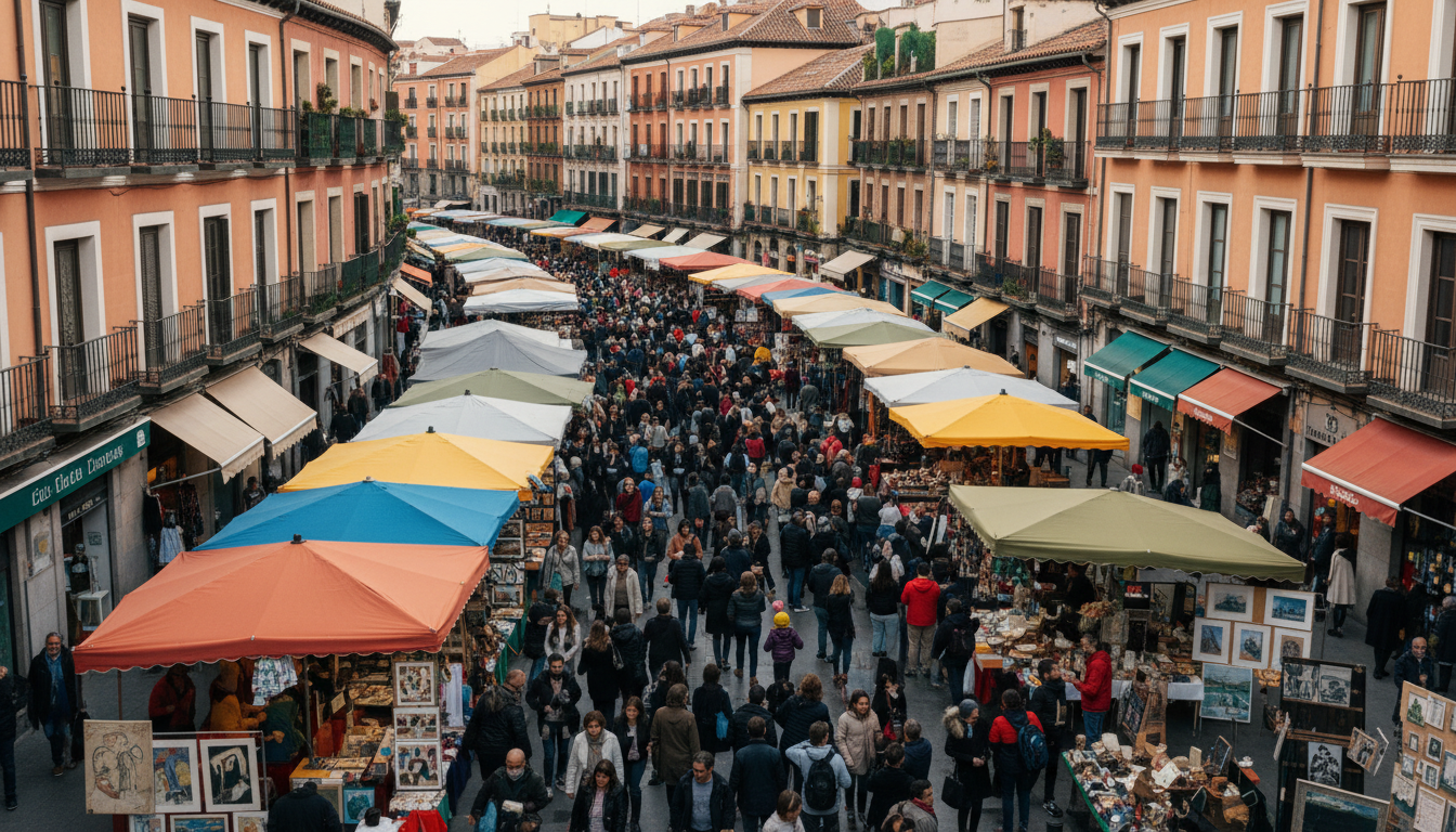 Aerial view of El Rastro market on Sunday morning, crowds browsing stalls along Calle de la Ribera d