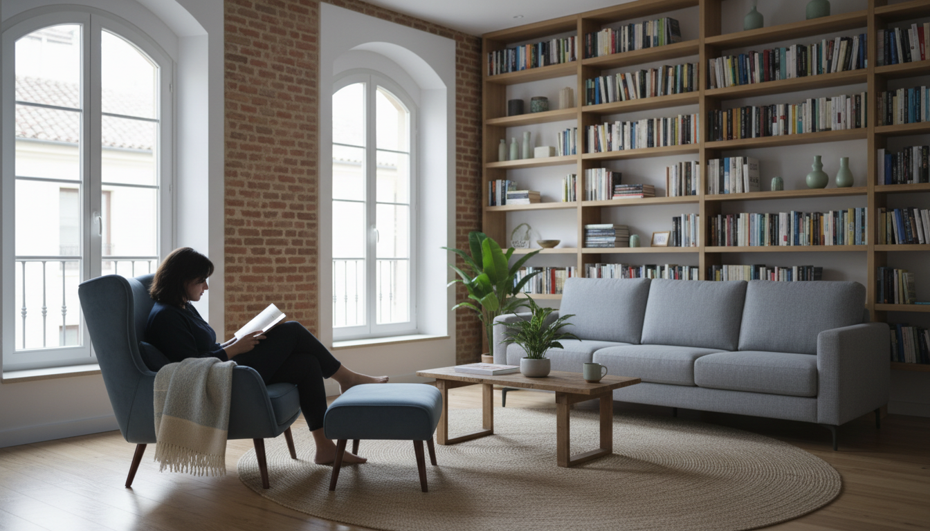 Interior of a cozy Madrid apartment living room with exposed brick, tall windows with afternoon ligh