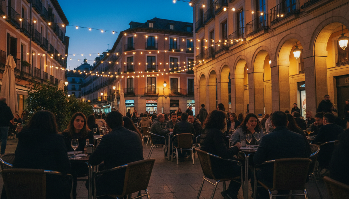 Evening scene at Plaza de Chueca with diverse crowd at outdoor caf tables, string lights overhead, h