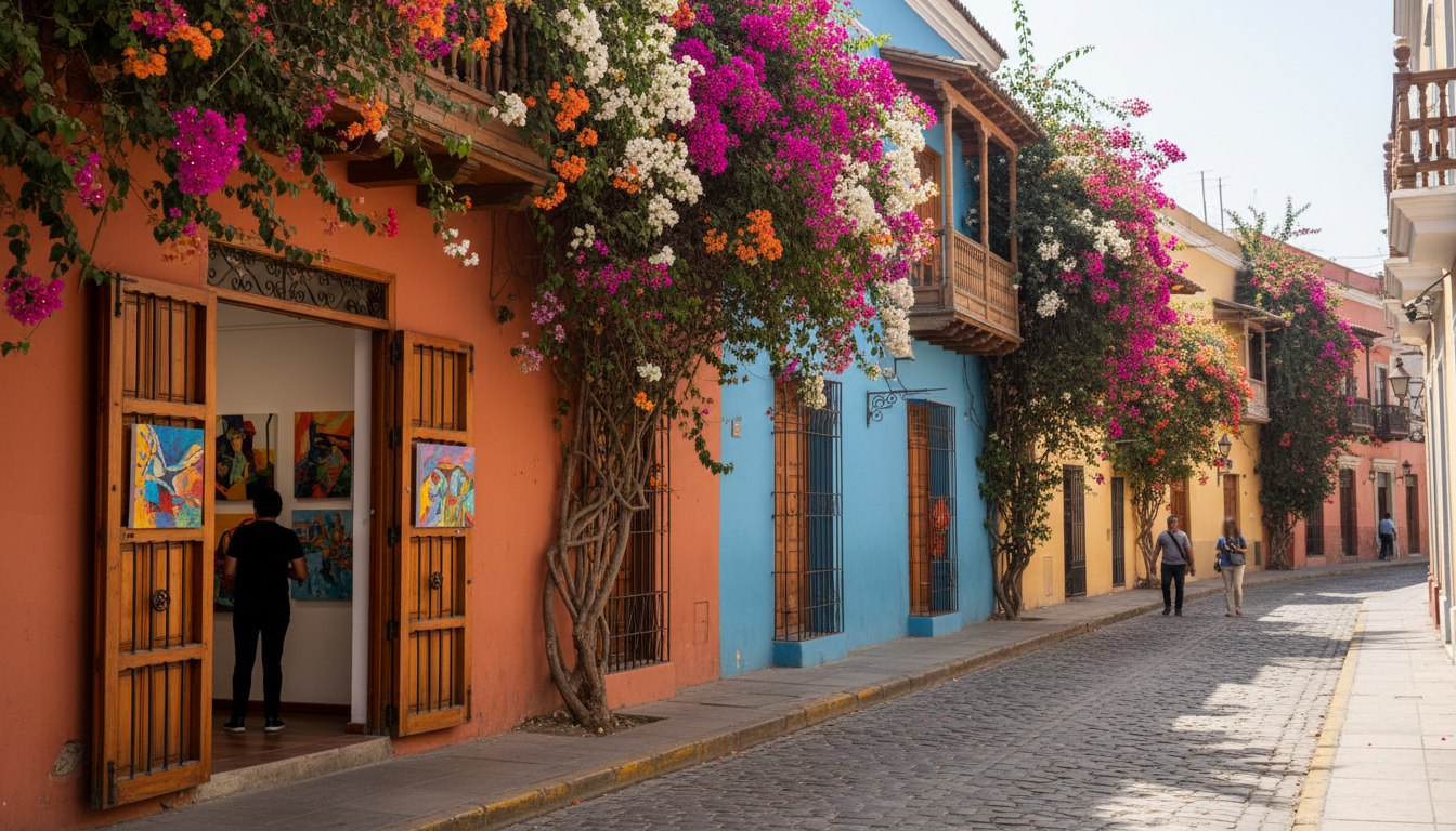 Colorful colonial buildings along a cobblestone street in Barranco, with bougainvillea spilling over