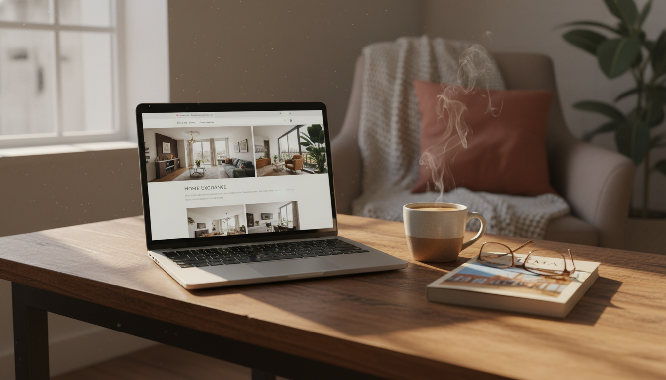 Laptop open on a wooden table showing a home exchange listing, with a cup of coffee and Lima travel