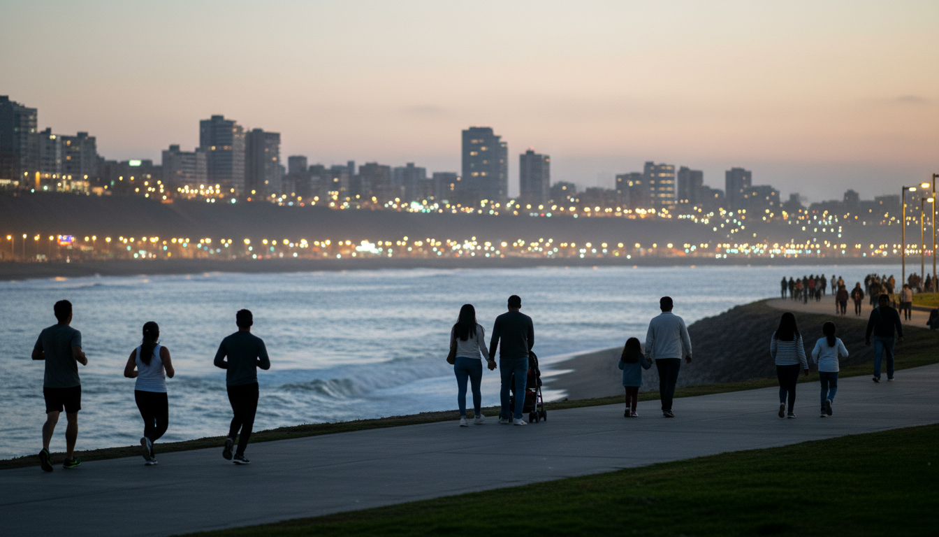 Evening scene on the Miraflores malecn with joggers, couples, and families walking along the oceanfr