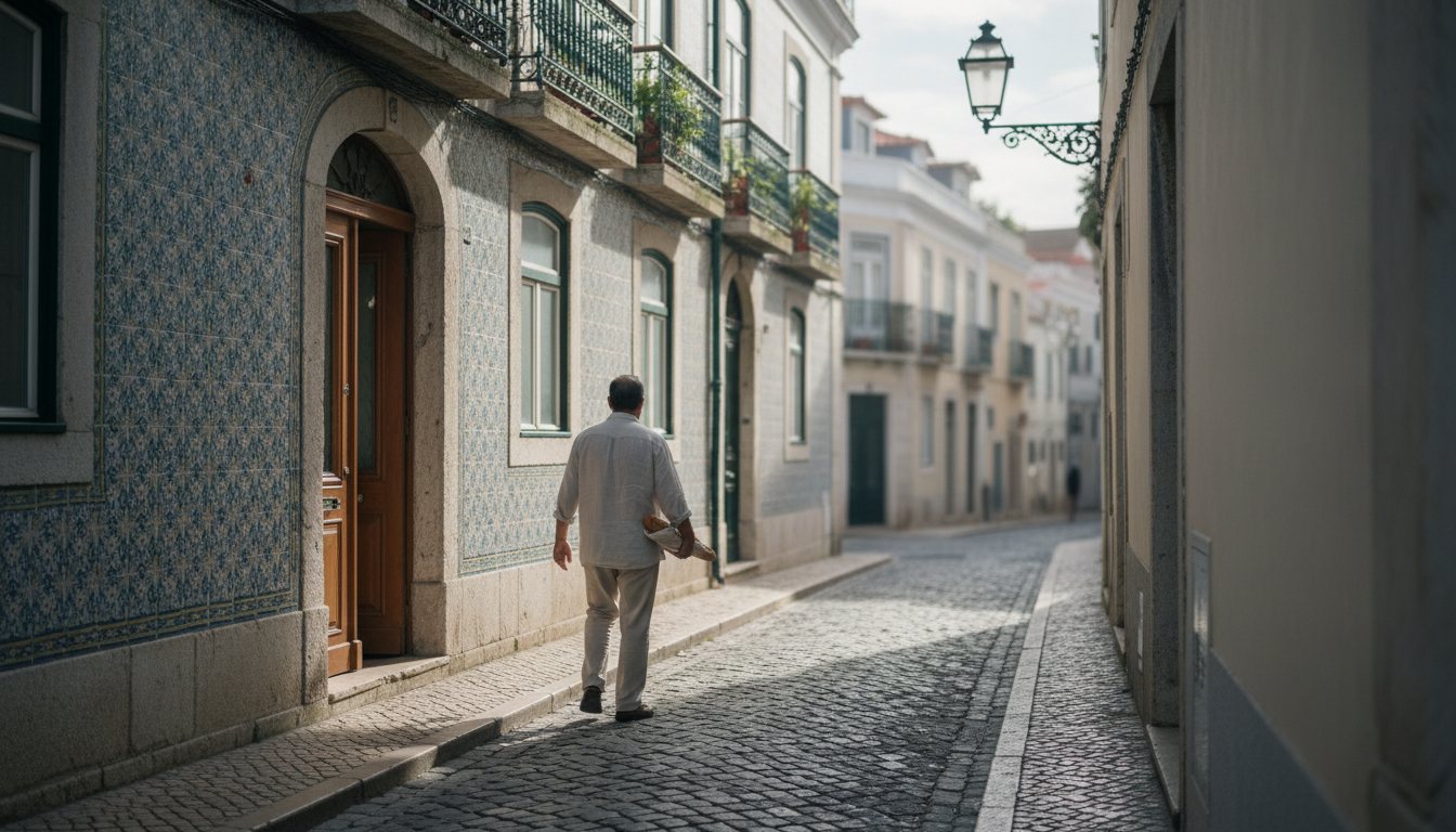 Morning light illuminating traditional azulejo-tiled building facade on a narrow Alfama street, with