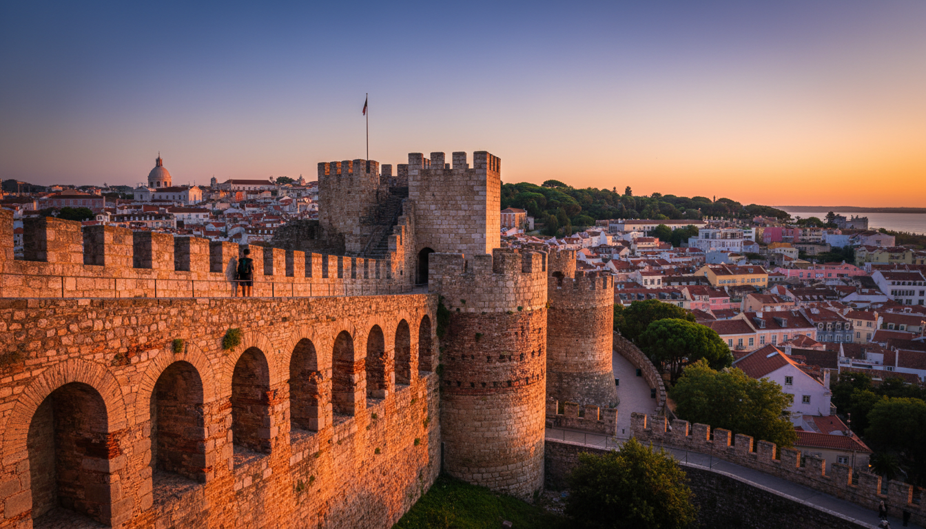 Ancient stone walls of Castelo de So Jorge showing the contrast between Moorish lower sections and l
