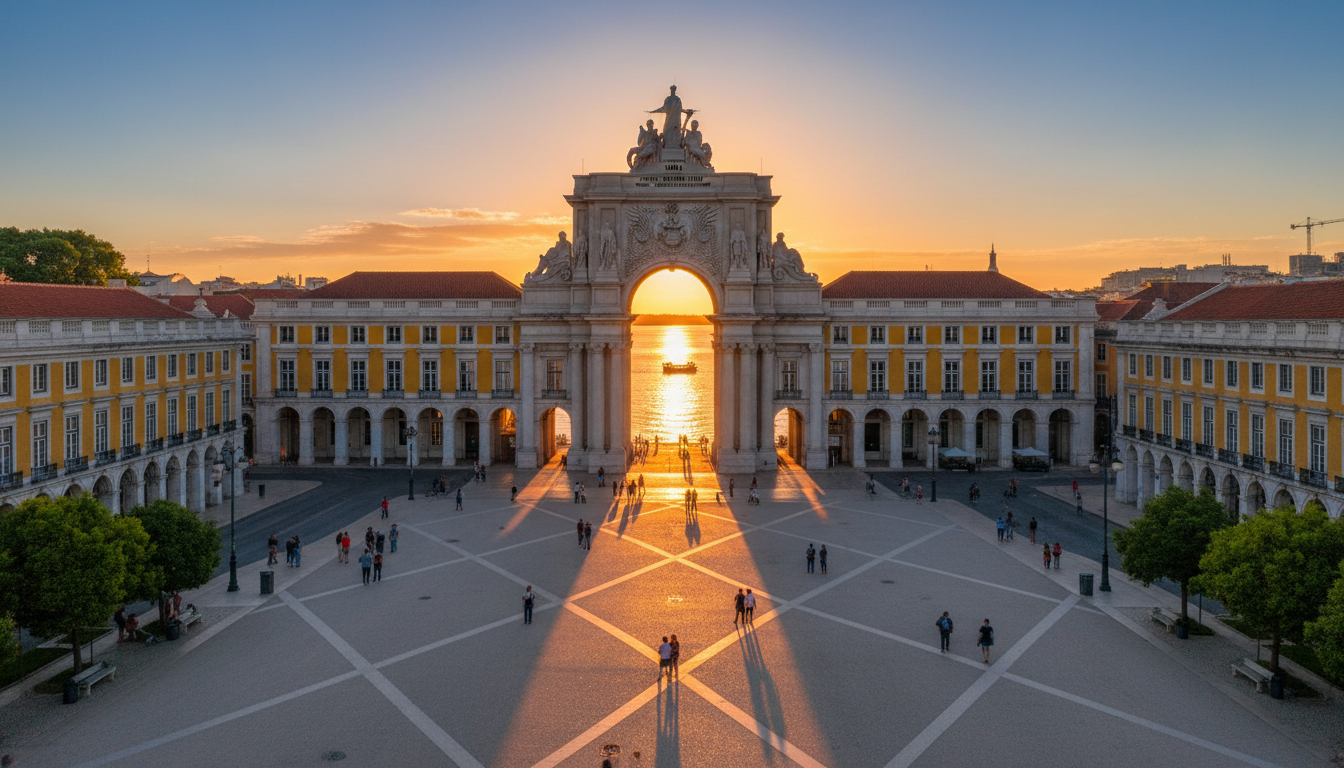 Wide view of Praa do Comrcio at golden hour, showing the symmetrical Pombaline buildings, the triump