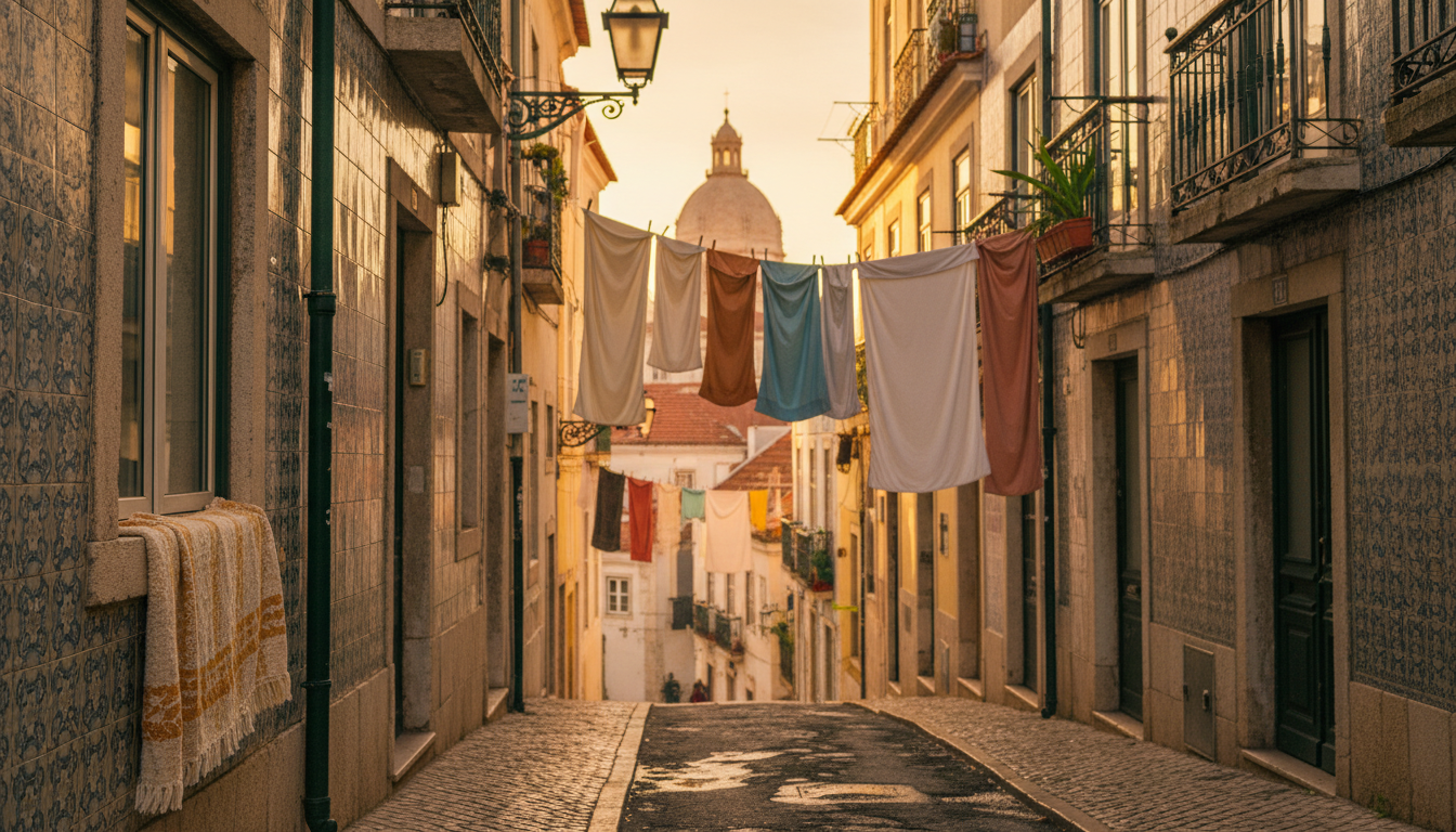 Narrow Alfama street with laundry hanging between buildings, azulejo tiles on walls, and the dome of