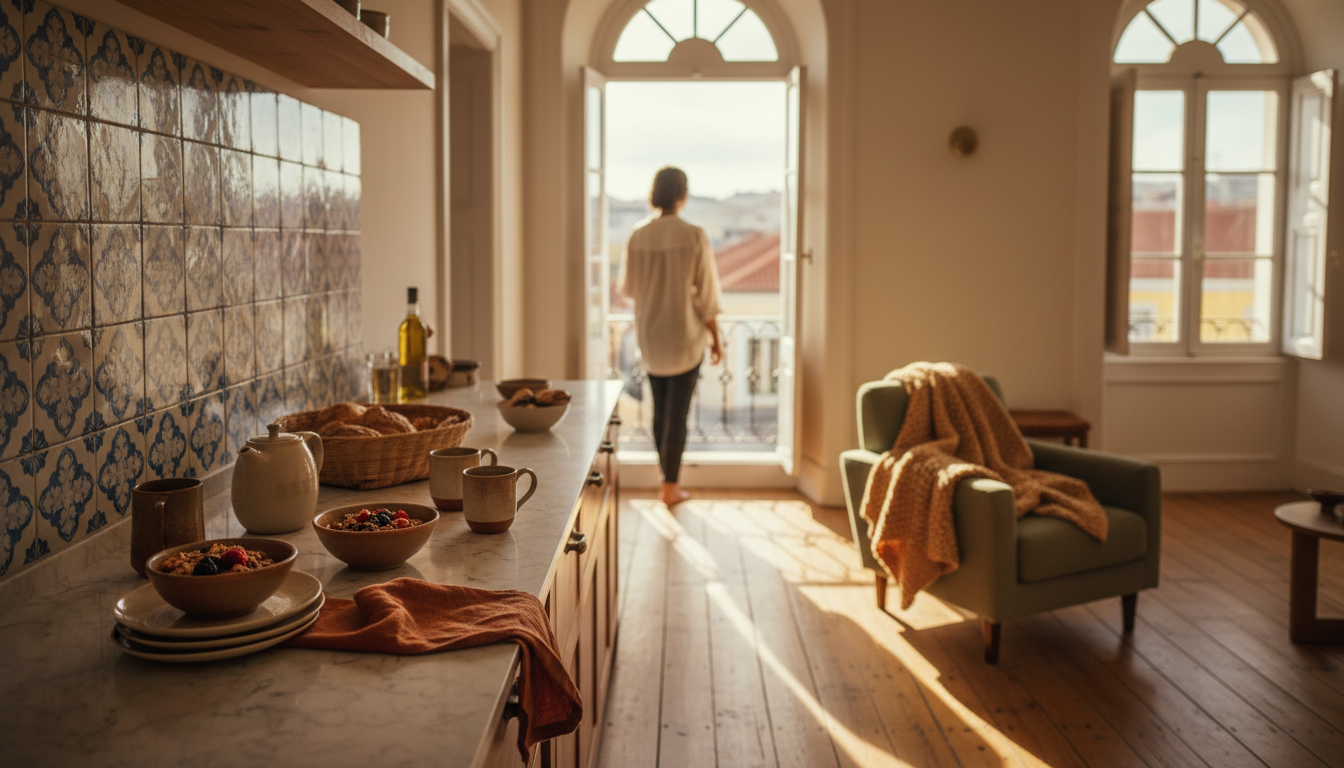 cozy Lisbon apartment interior with original hardwood floors, blue and white azulejo tiles in the ki