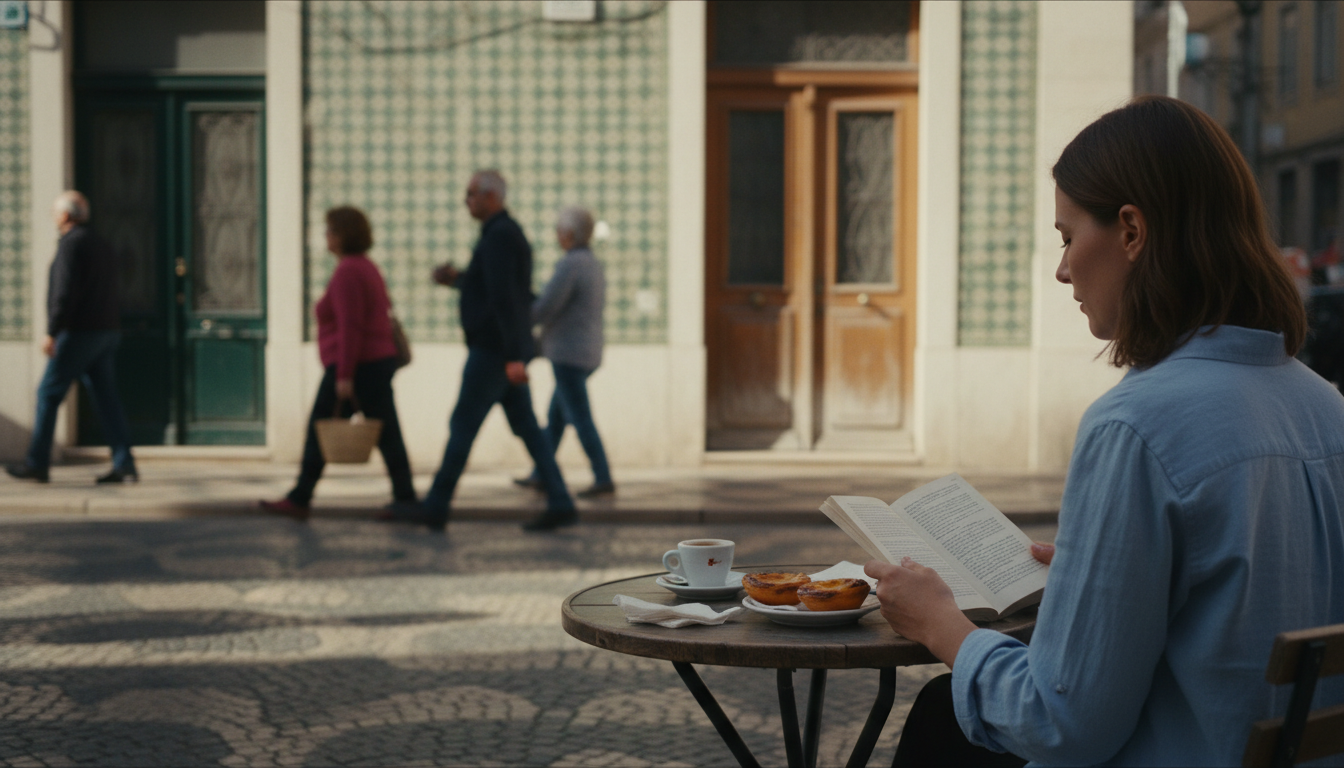 woman reading at a small caf table in Lisbon, espresso and pastel de nata beside her, morning sun cr