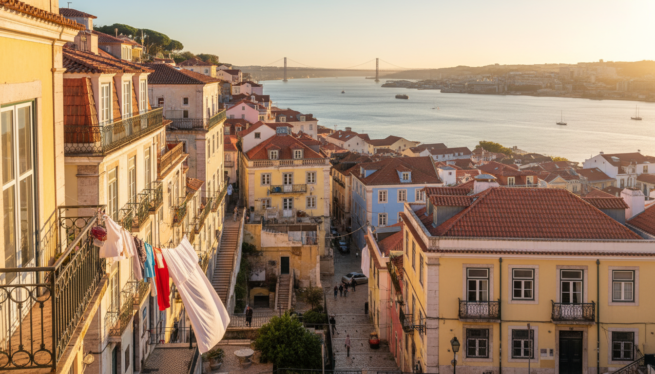 Panoramic view of Lisbons Alfama district with colorful buildings cascading down hillside toward the