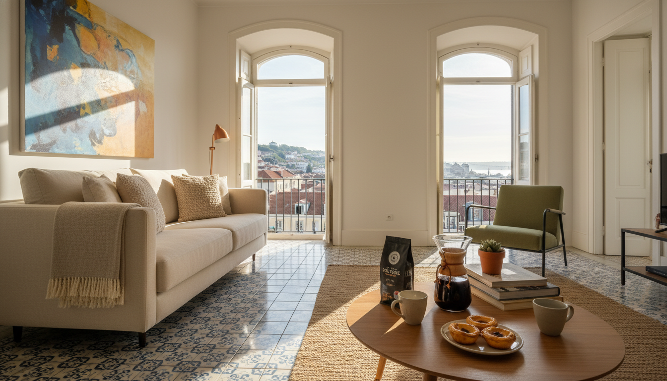 Cozy Lisbon apartment interior with traditional tile floor, modern furnishings, large windows with c