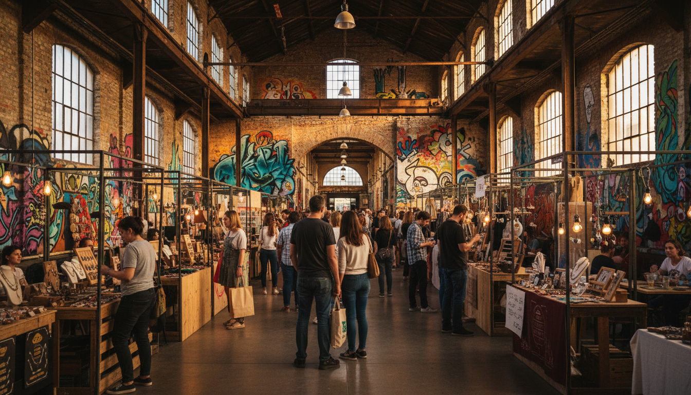 LX Factory interior showing industrial architecture converted to creative space, people browsing mar