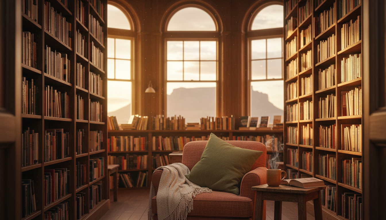Clarkes Bookshop interior on Long Street with floor-to-ceiling wooden shelves filled with South Afri