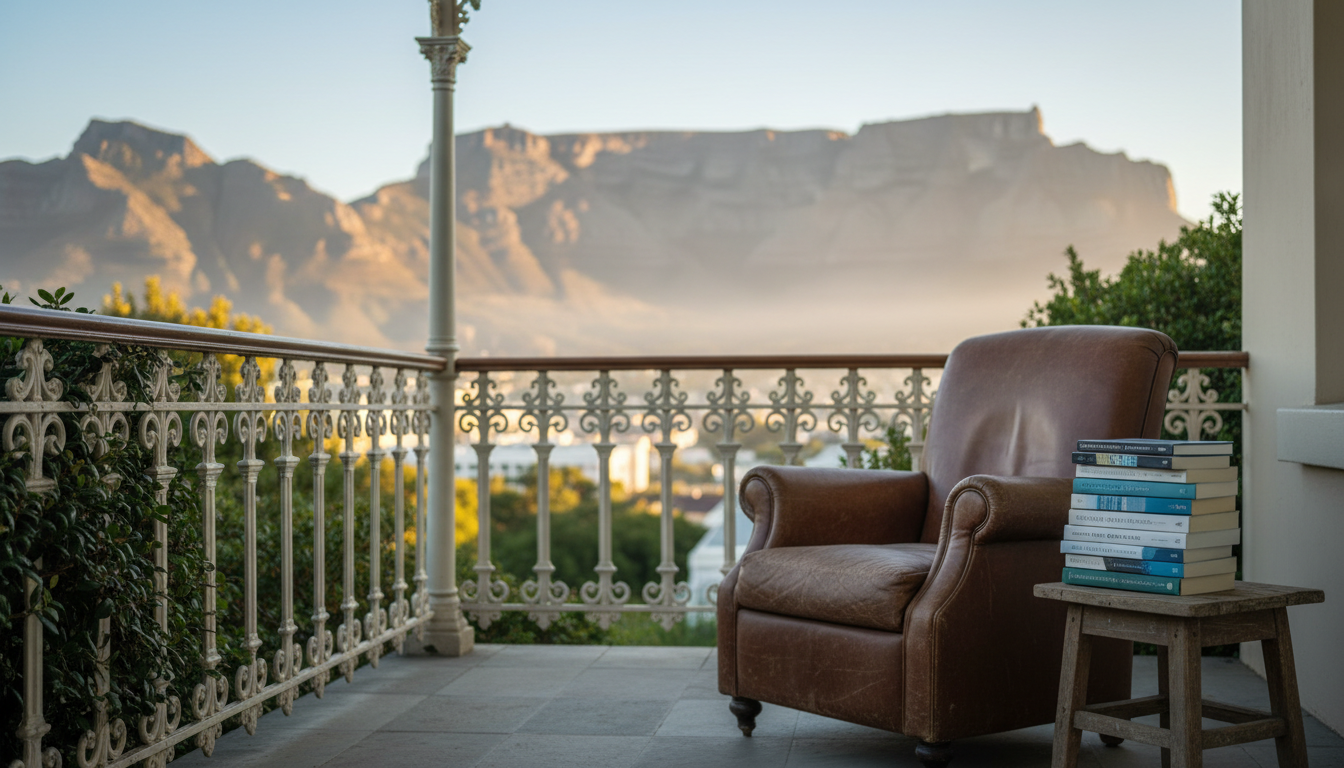 A Victorian veranda in Gardens neighborhood with a worn leather reading chair, stack of South Africa