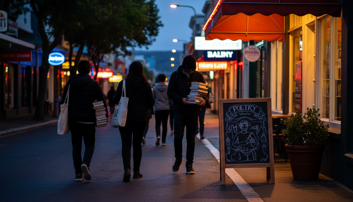 Lower Main Road in Observatory at dusk, neon signs from vintage shops glowing, pedestrians carrying