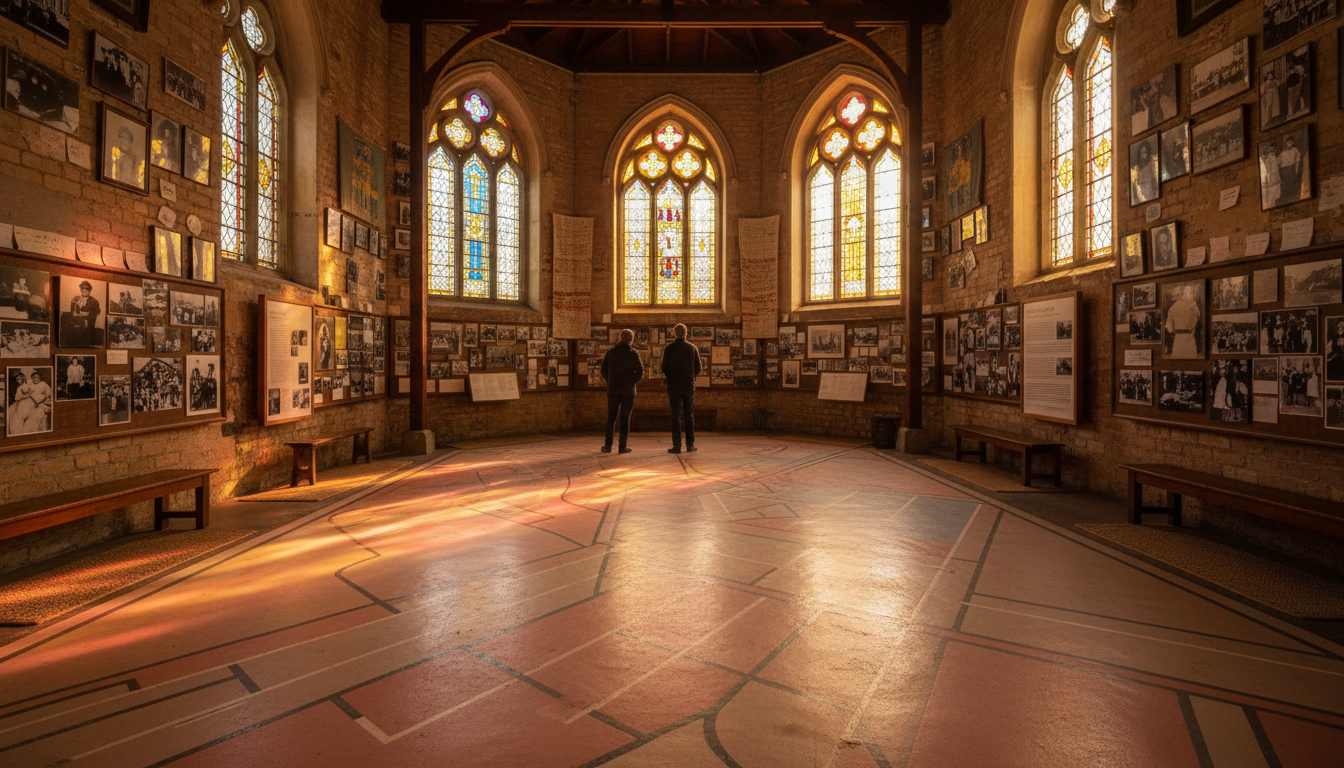 Interior of District Six Museum with the hand-painted floor map showing former street names, persona