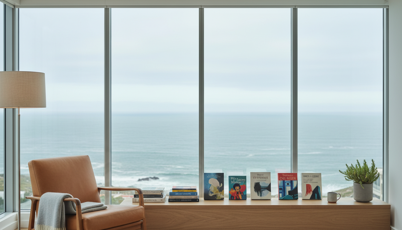 A bright Sea Point apartment interior with floor-to-ceiling windows showing the Atlantic Ocean, a re