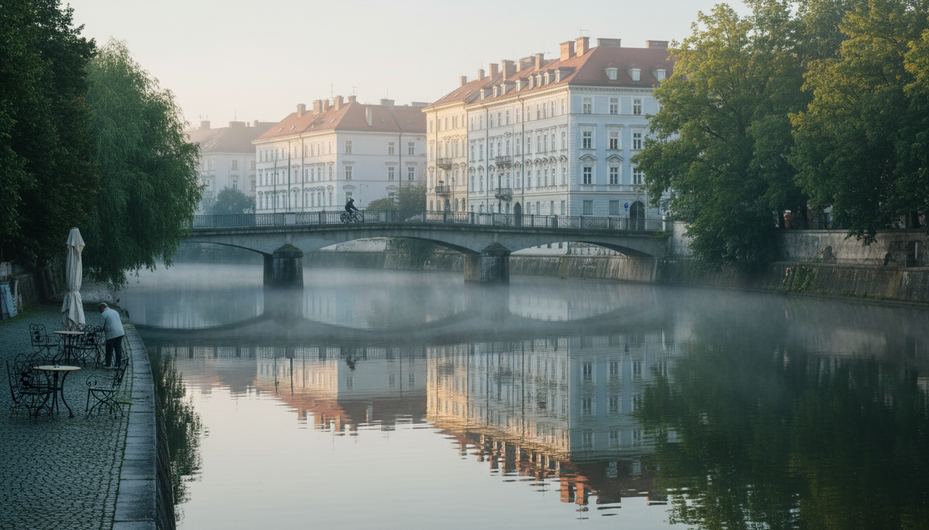 Early morning mist rising over the Ljubljanica River with pastel-colored baroque buildings reflected