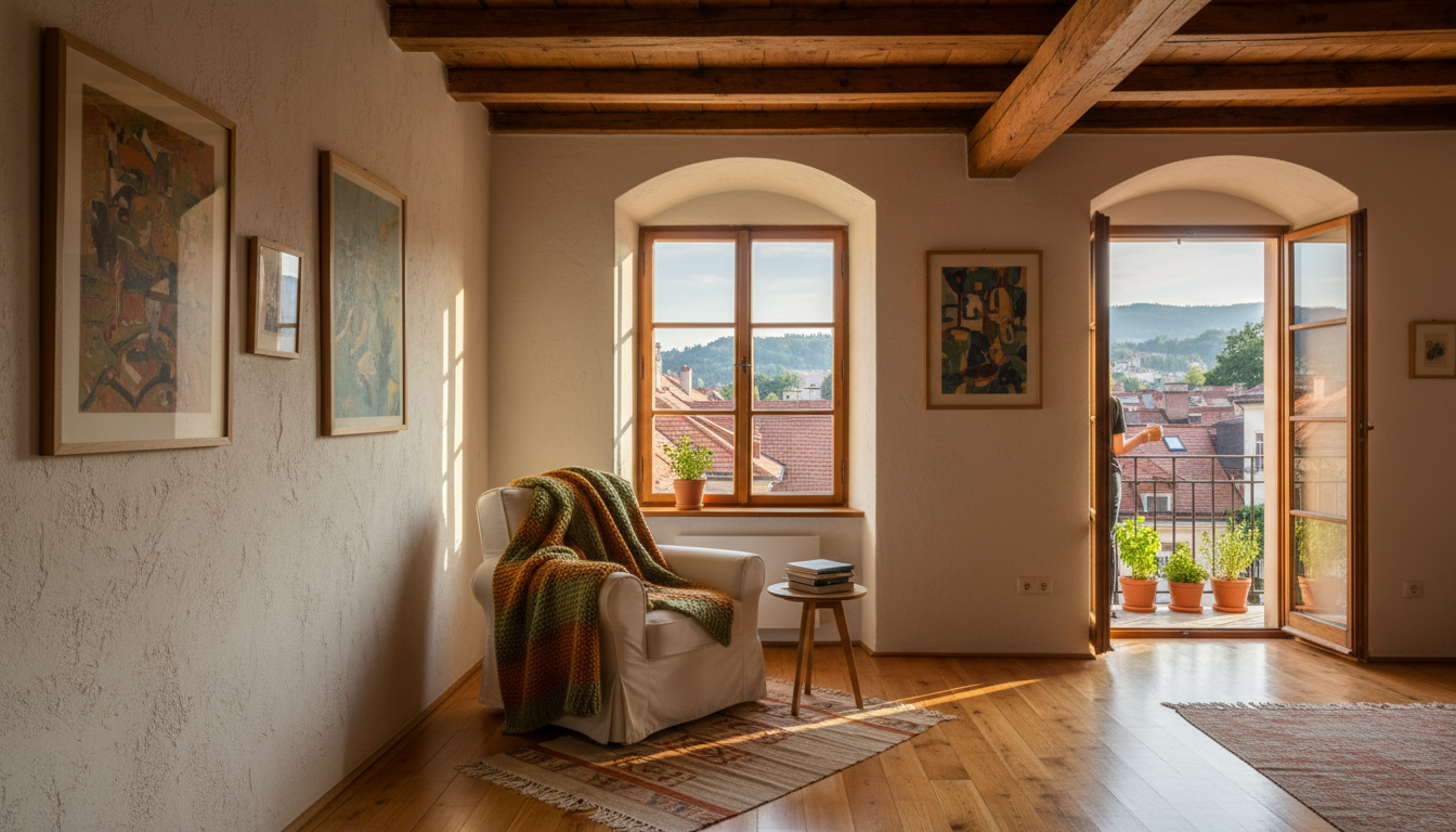 Cozy Ljubljana apartment interior with exposed wooden beams, a reading nook by tall windows overlook