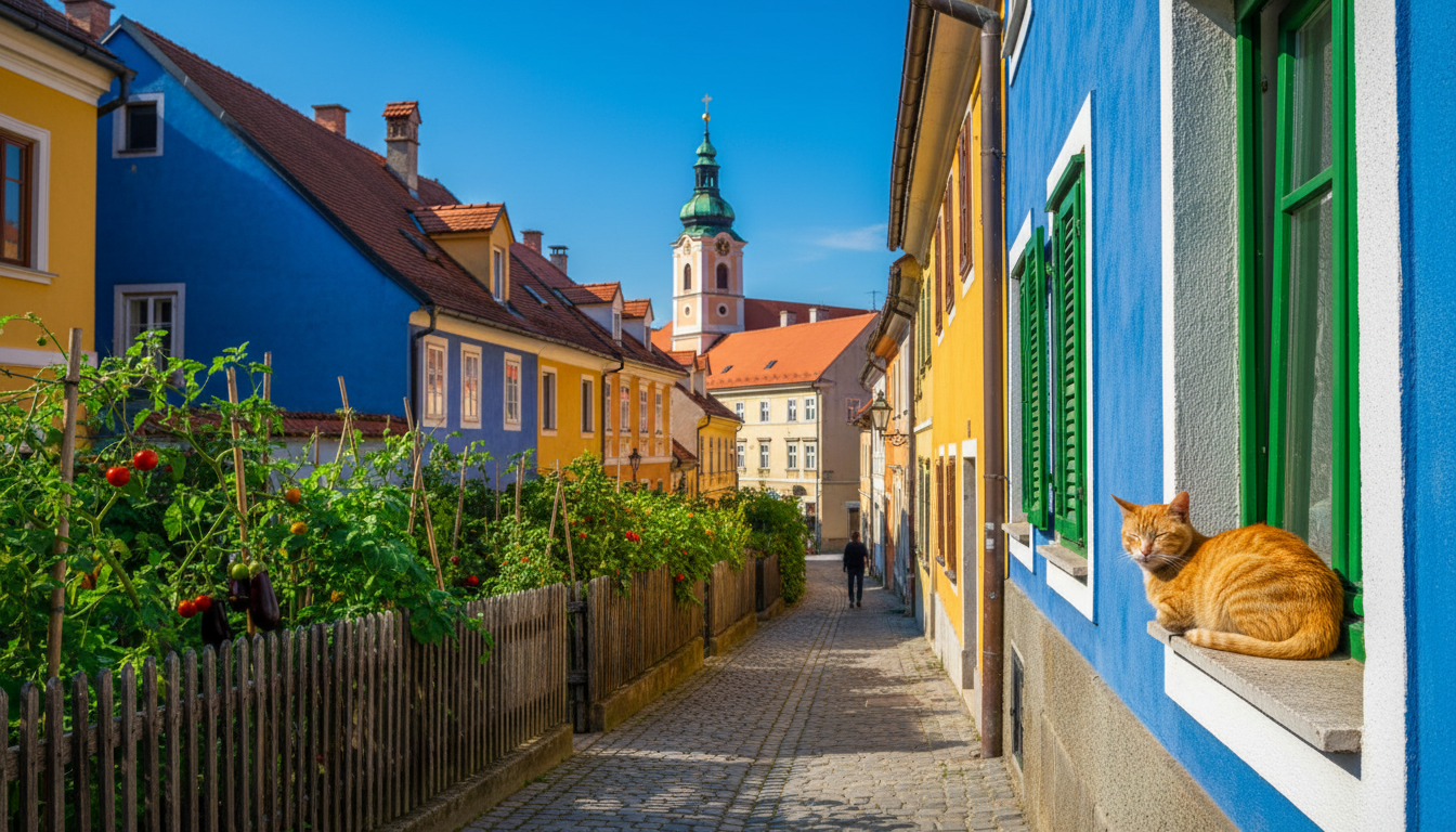 Charming Krakovo street with traditional Ljubljana houses, vegetable gardens visible behind low fenc