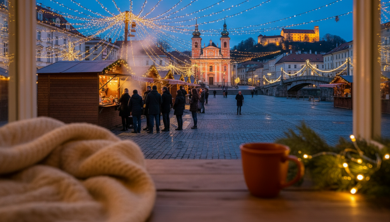 Ljubljana Christmas market at dusk with twinkling lights strung above Preeren Square, steam rising f