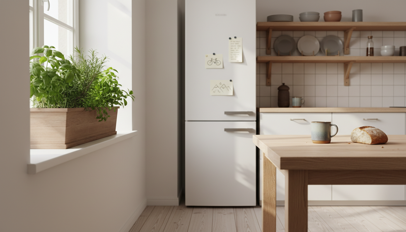 Bright Ljubljana kitchen with a window box of herbs, handwritten notes from the host about local rec