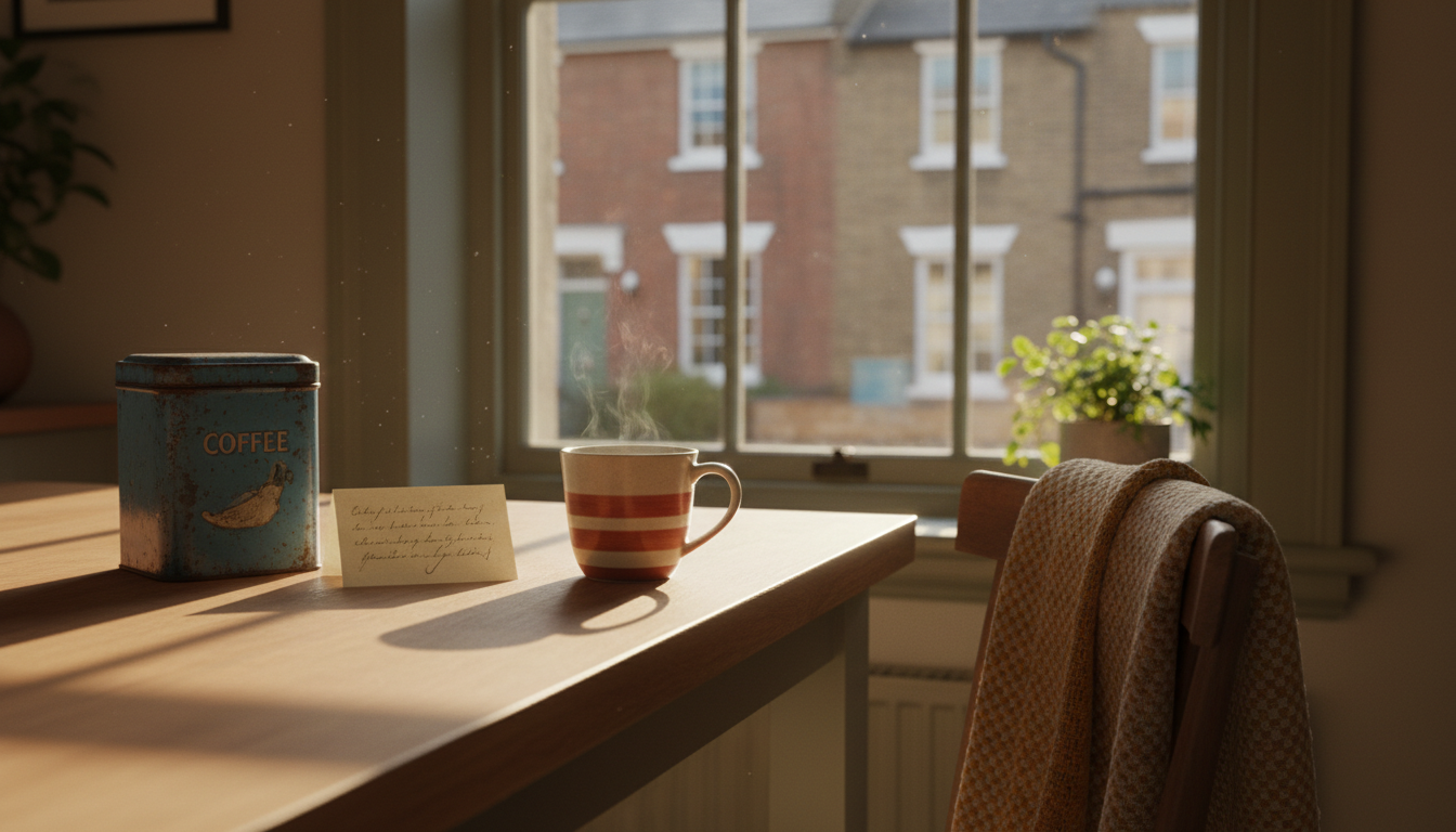Morning light streaming through a Cambridge kitchen window, a handwritten note beside a blue coffee