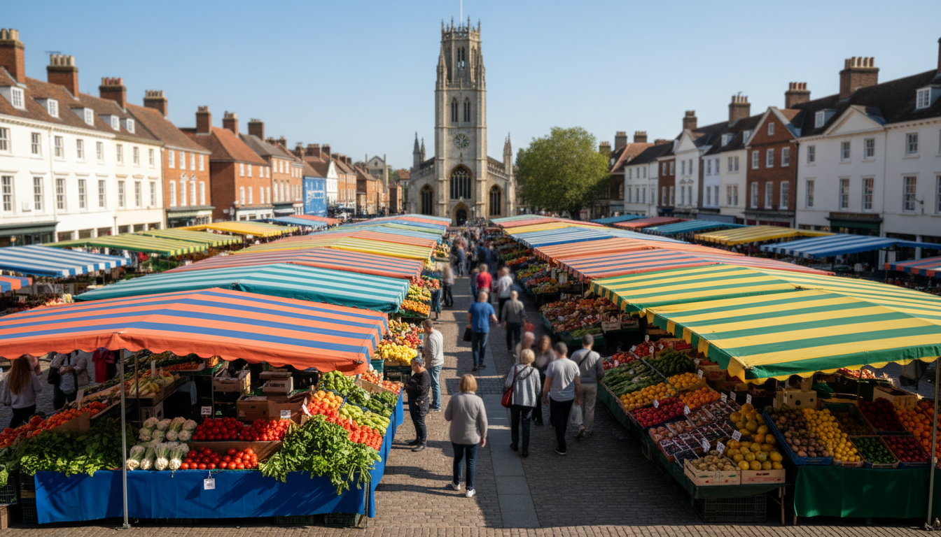 Overhead view of Cambridge Market Square on a busy Saturday morning, colorful produce stalls with st