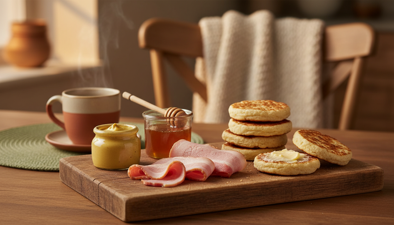 A rustic wooden cutting board with English mustard jar, local honey, British bacon, and crumpets arr