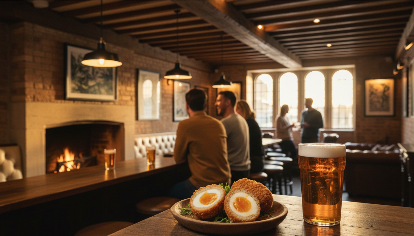 Interior of a cozy Cambridge pub with wooden beams, locals at the bar, a plate of scotch eggs and a