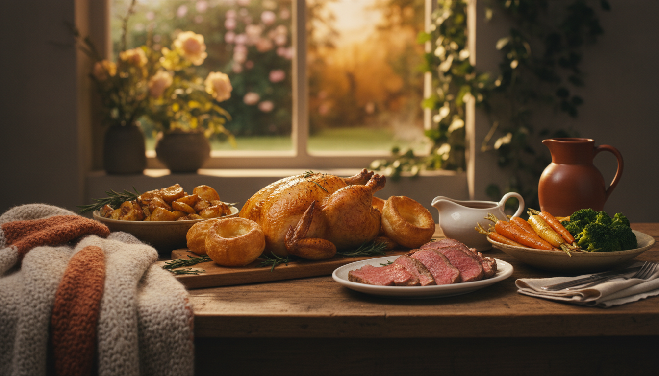 A proper Sunday roast spread on a wooden tablegolden Yorkshire puddings, pink roast beef, crispy pot
