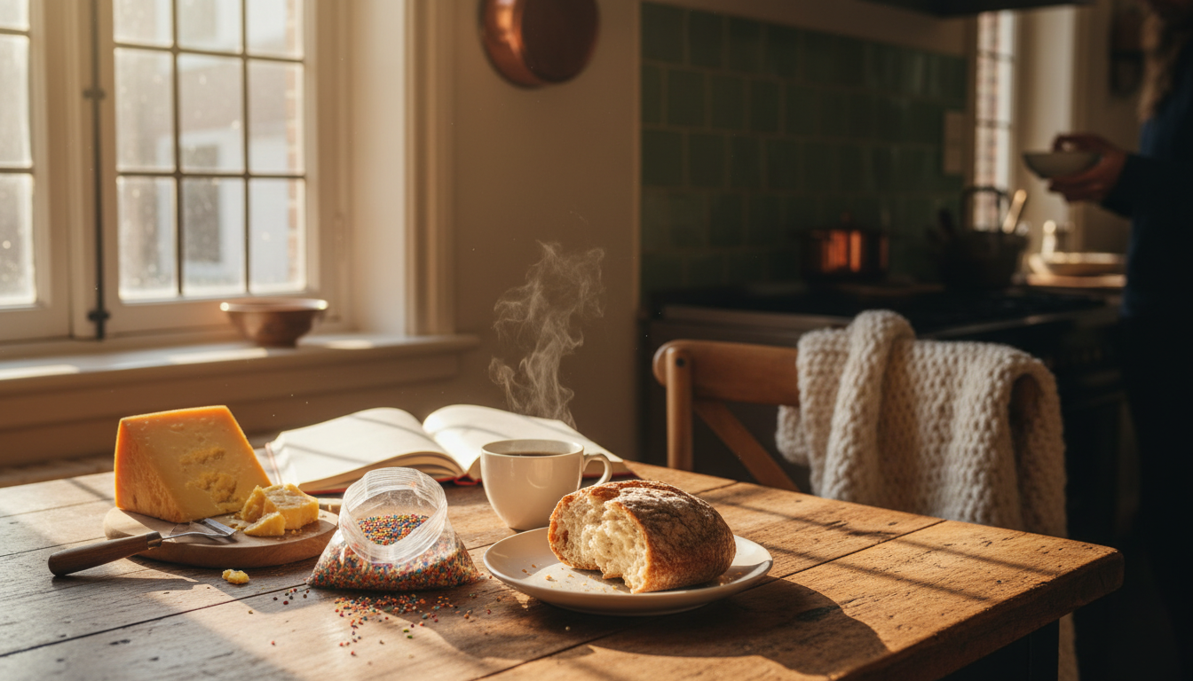 Morning light streaming through a tall Dutch window onto a wooden breakfast table with hagelslag, fr