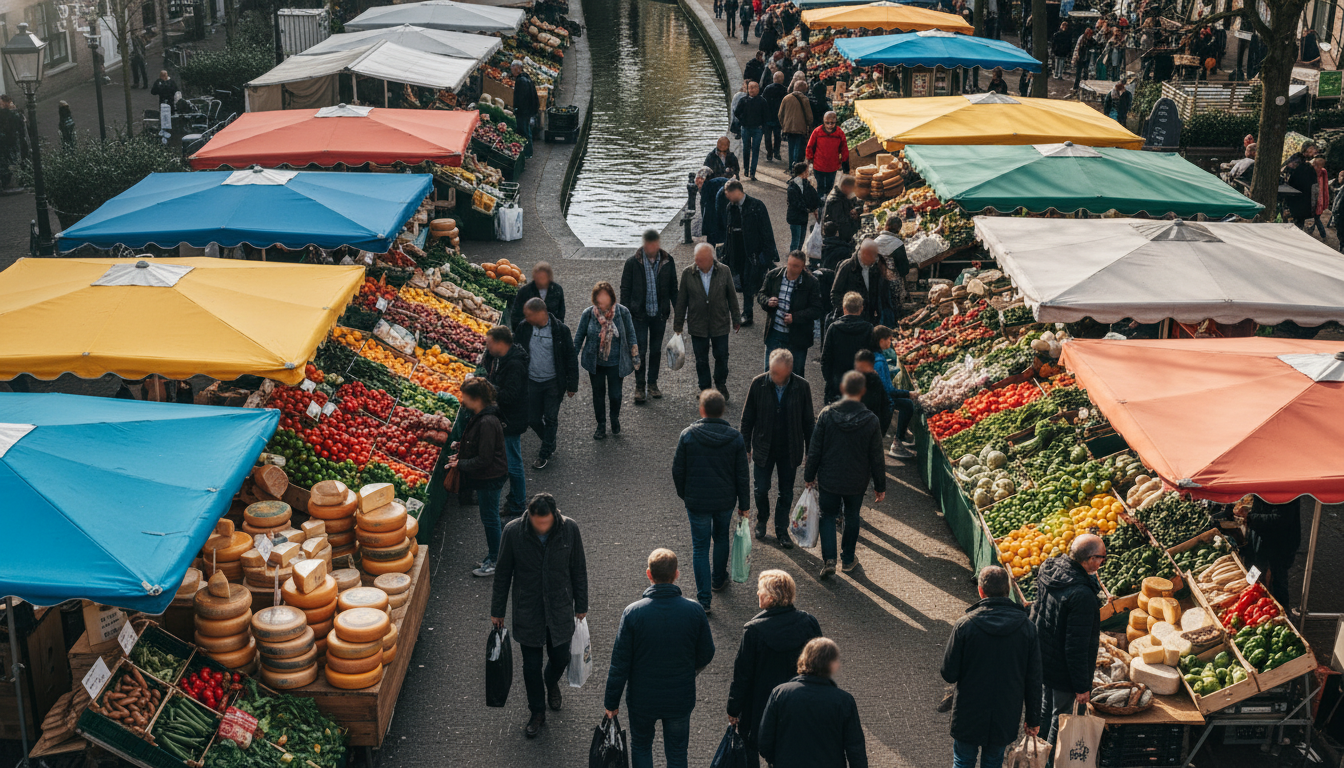Overhead shot of the bustling Vredenburg Saturday market with colorful produce stalls, cheese wheels
