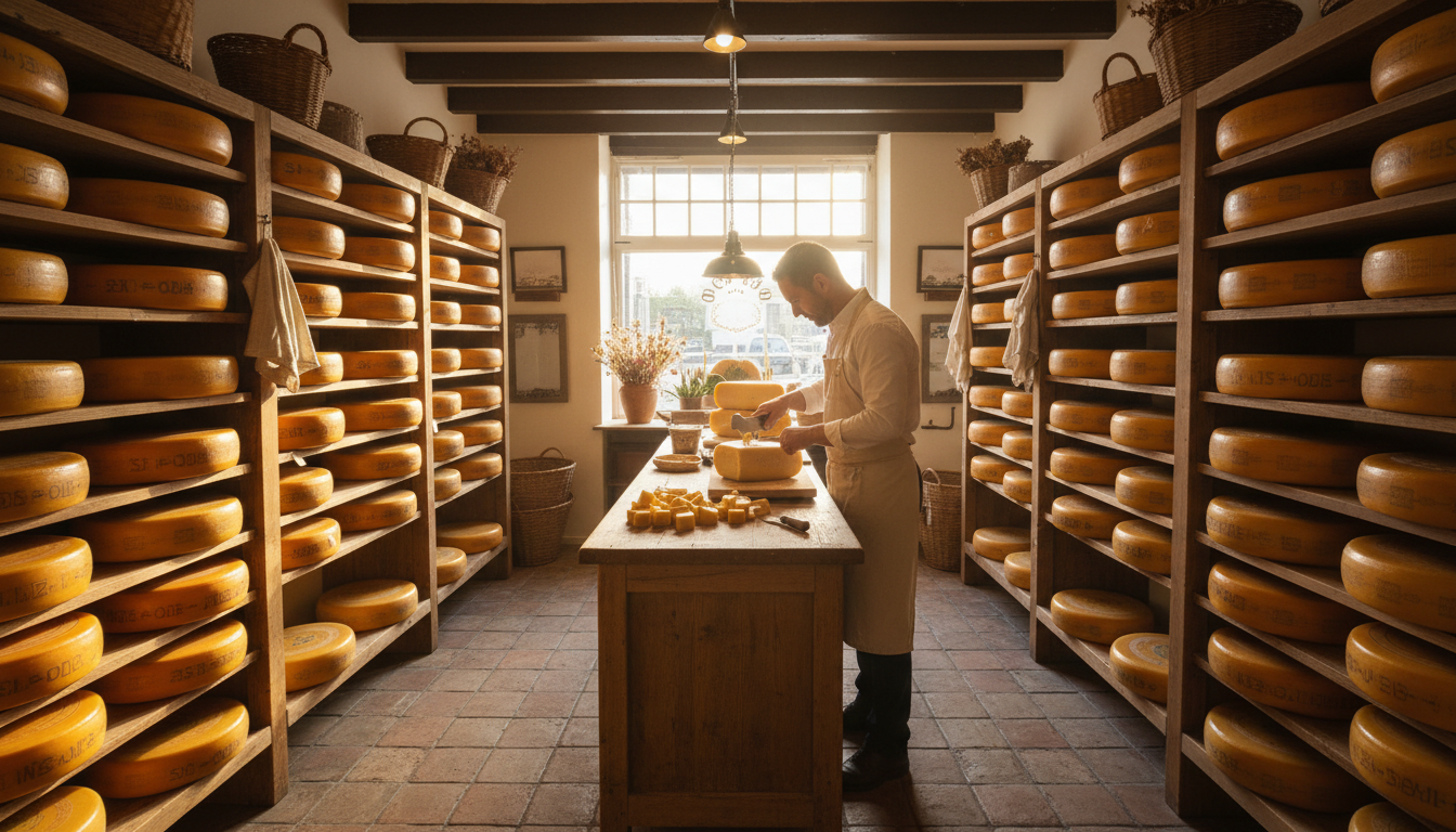 Interior of a traditional Dutch cheese shop with wheels of Gouda stacked floor to ceiling, a wooden