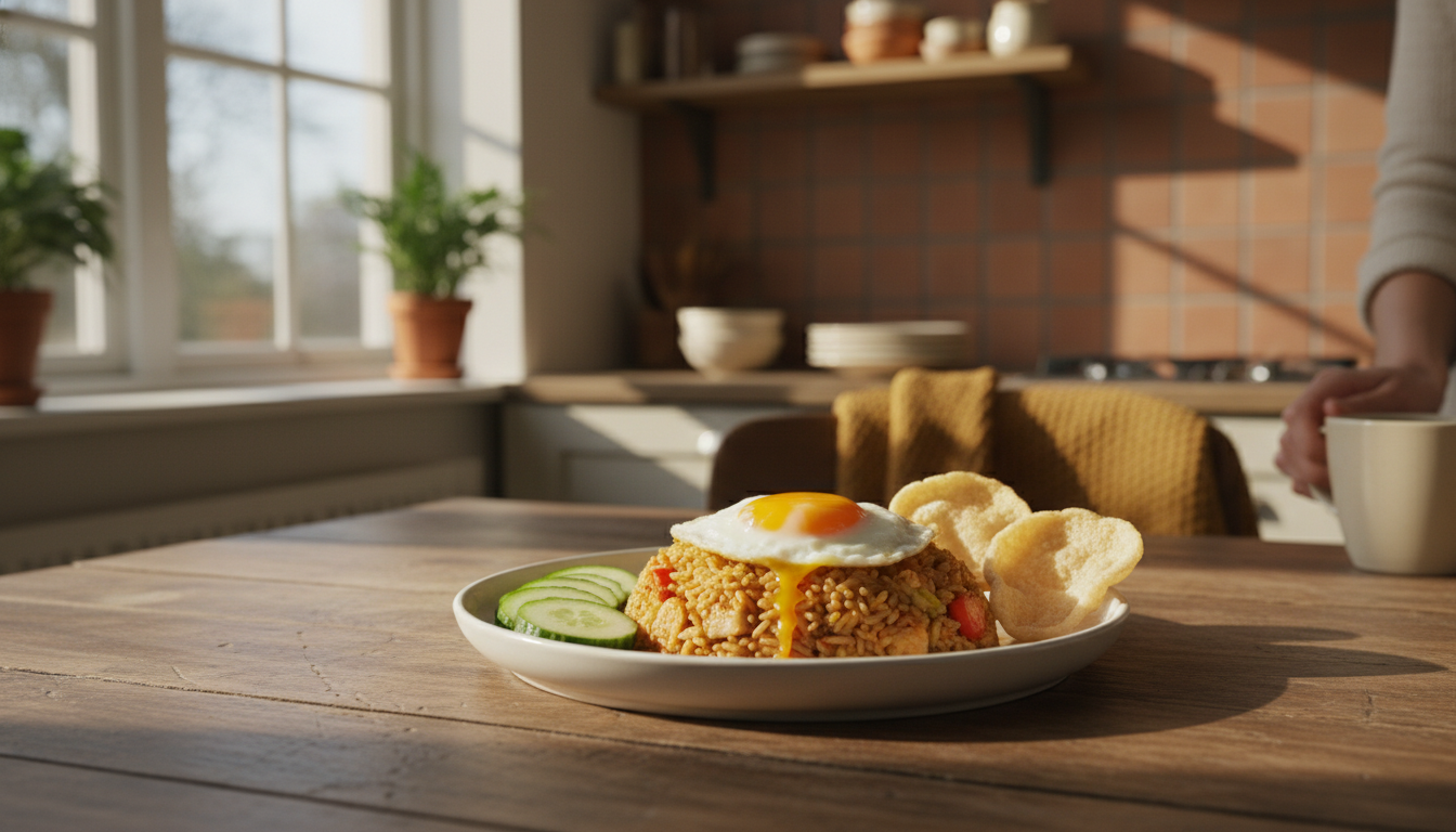 A home-cooked plate of nasi goreng with a sunny-side-up egg, krupuk crackers, and fresh cucumber sli