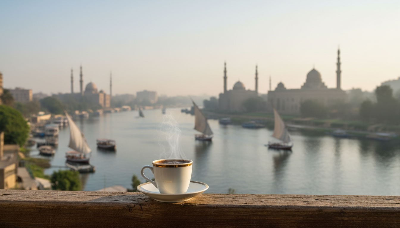 early morning view from a Zamalek apartment balcony, showing the Nile with feluccas, minarets in the