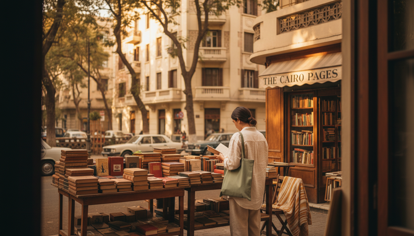 tree-lined street in Zamalek with art deco apartment buildings, a small bookshop with books displaye