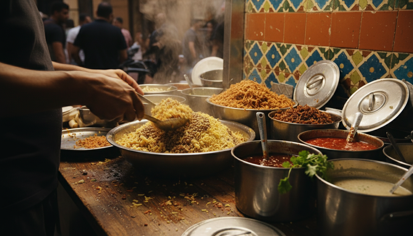 steaming bowl of koshari being assembled by hands at a street-side counter, with containers of crisp