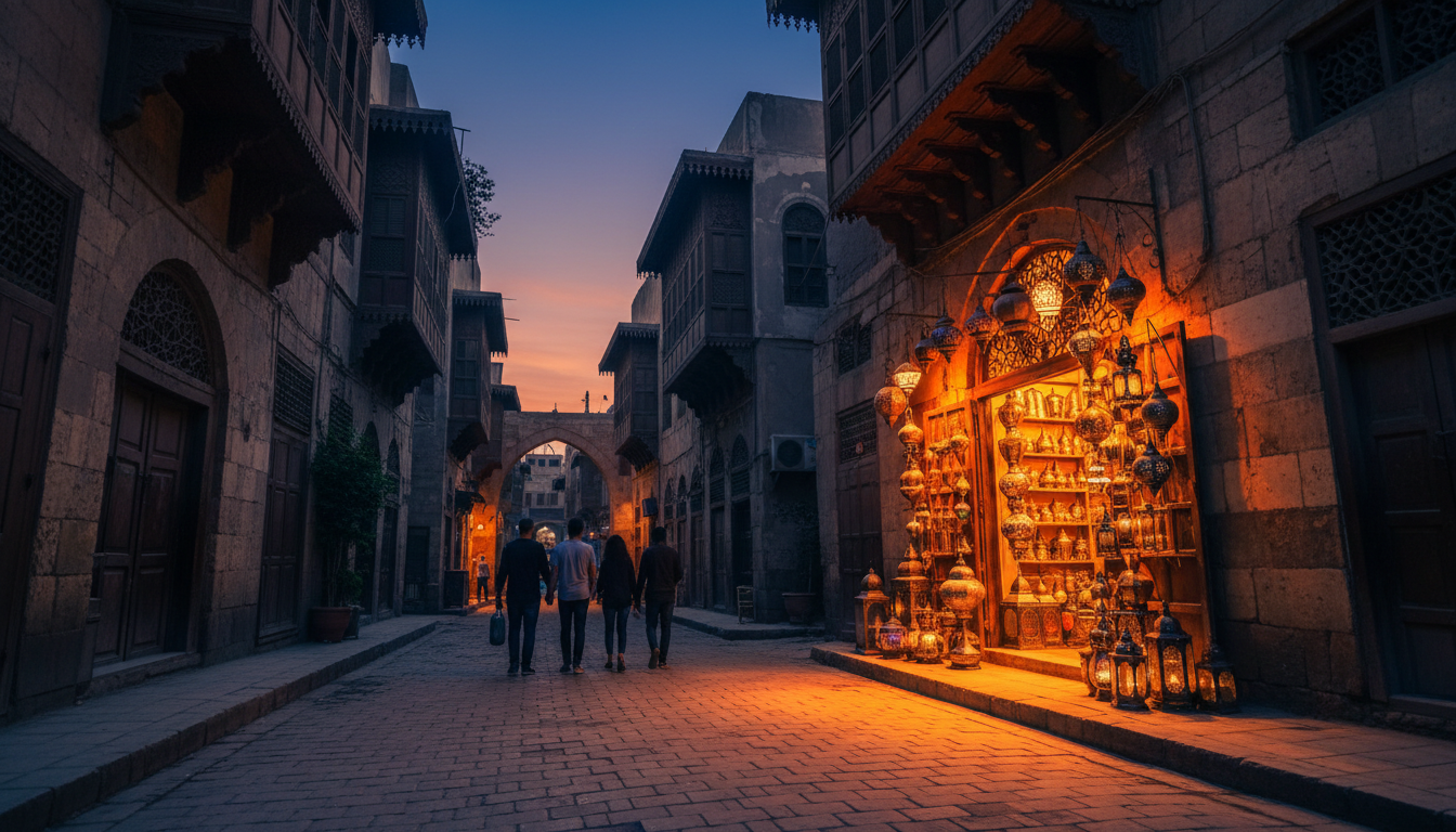 narrow lane in Islamic Cairo at dusk, ornate mashrabiya wooden screens on buildings, a single lit la