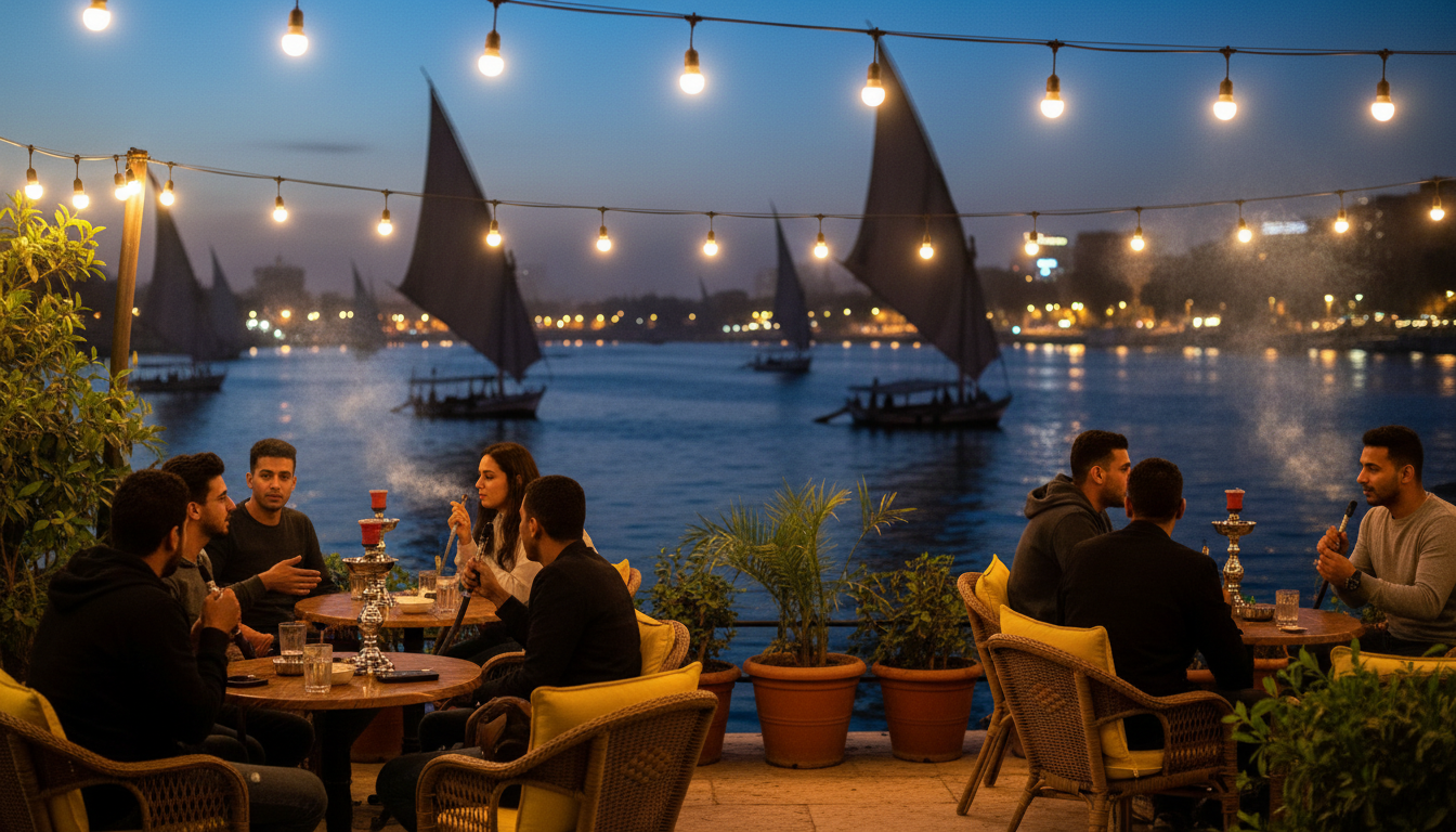 evening scene at a Nile-side caf in Maadi, strings of lights, young Egyptians at tables with shisha