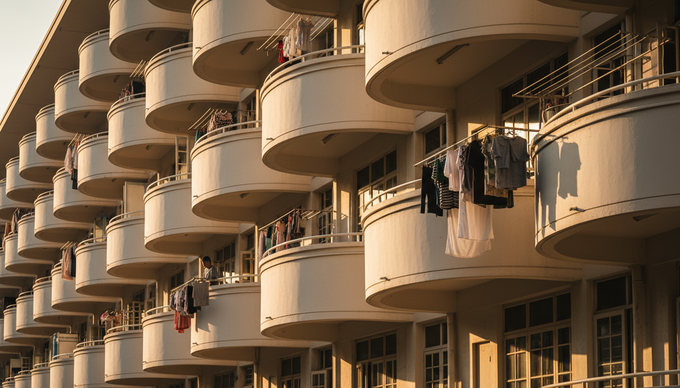 Art Deco HDB flats in Tiong Bahru with curved white balconies, laundry hanging from bamboo poles, mo