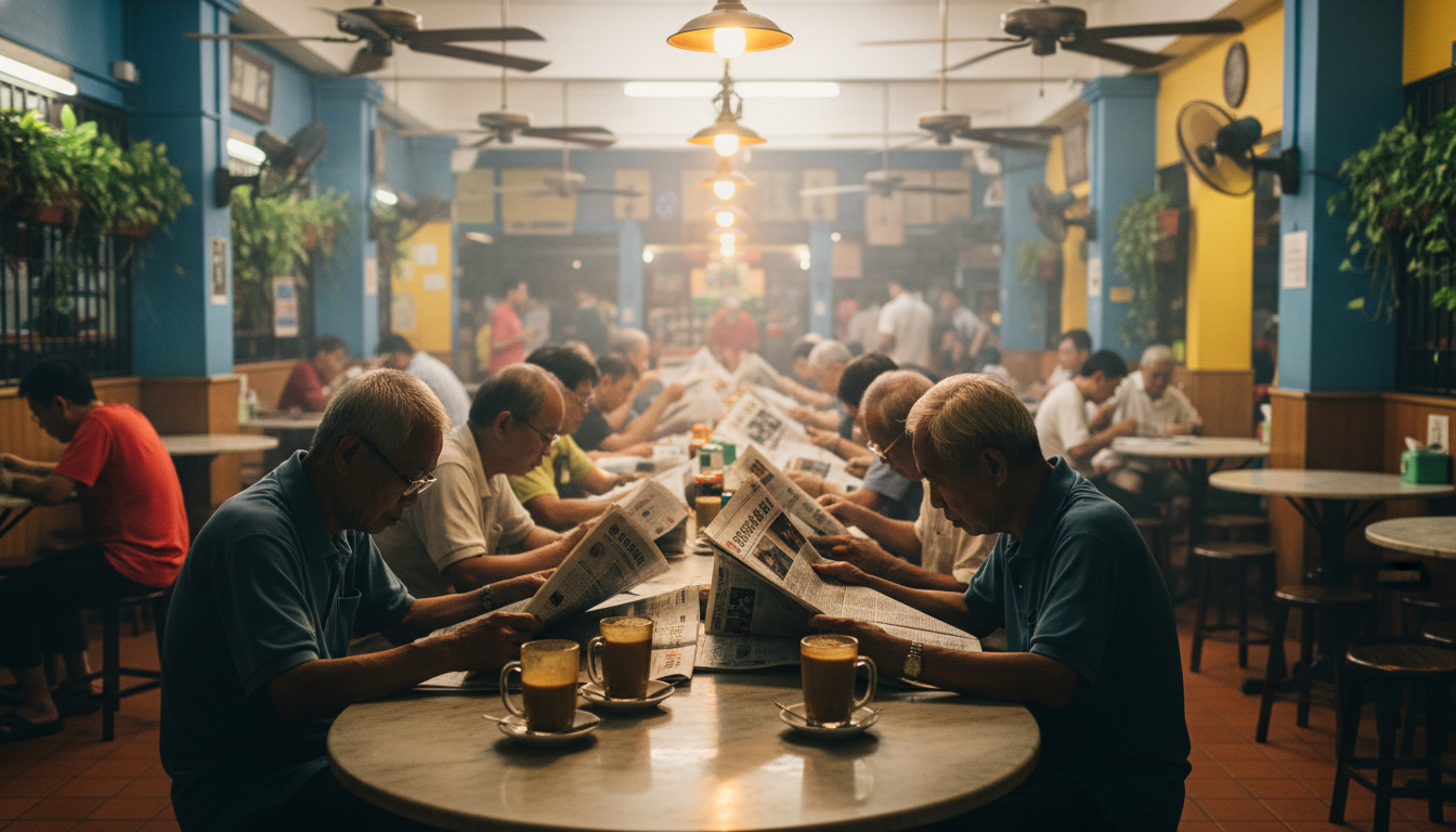 Crowded kopitiam at 7 AM, elderly men reading Chinese newspapers, condensation on kopi glasses, ceil