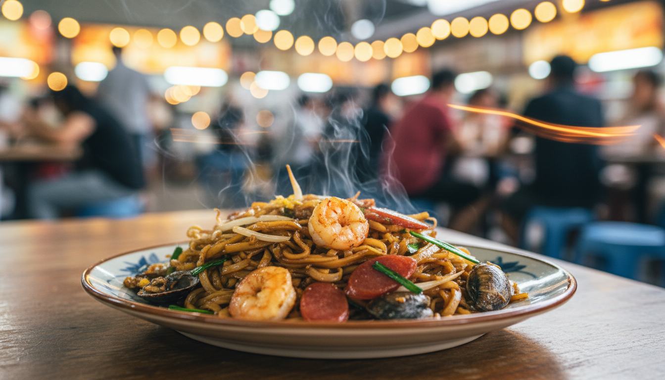 Close-up of a plate of char kway teow with wok hei smoke rising, prawns and cockles visible, hawker