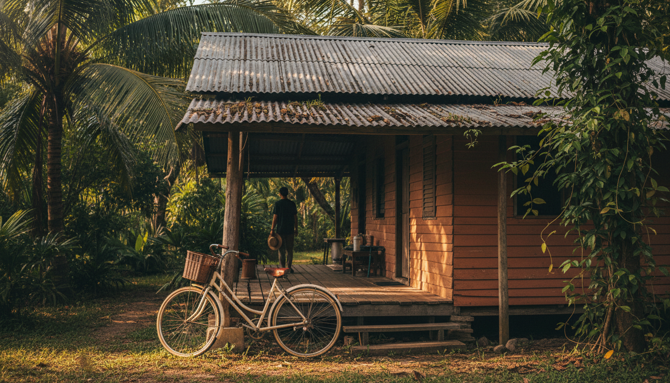 Rustic kampong house on Pulau Ubin with corrugated roof, jungle growing around it, vintage bicycle l